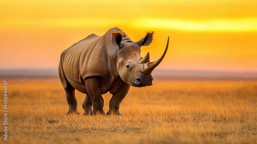 Obraz premium Majestic rhinoceros standing gracefully in golden grass at sunset, showcasing the beauty of wildlife in its natural habitat.