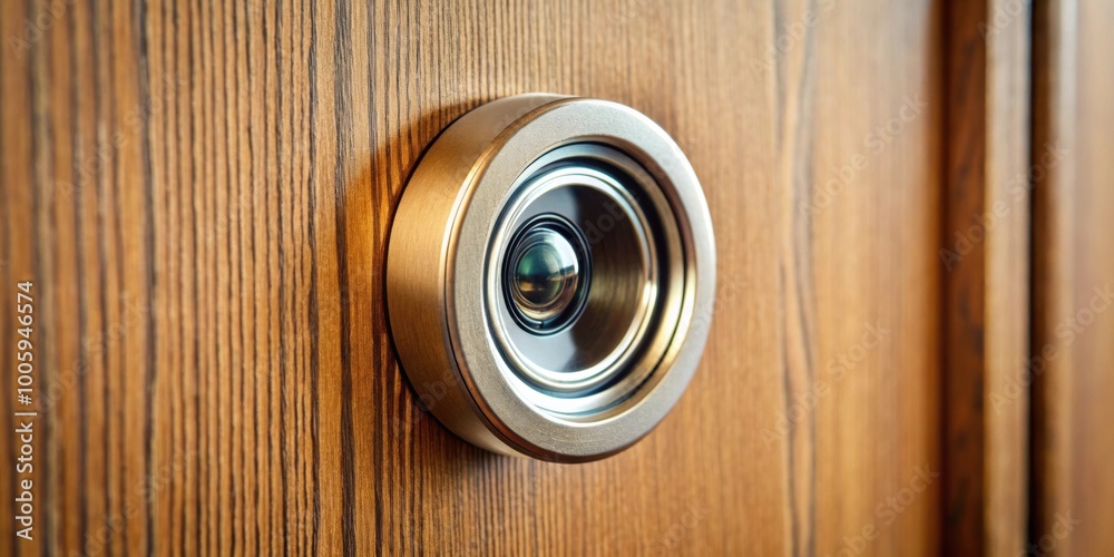 Close-up view of a peephole lens in a door , peephole, lens, door, close-up, home security, privacy, spy hole, observation Close-up view of a peephole lens in a door , peephole, lens, door, close-up, home security, privacy, spy hole, observation