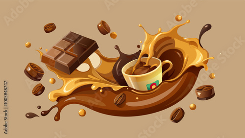 splashes and drops of melted dark chocolate, hot coffee and milk flow mixed