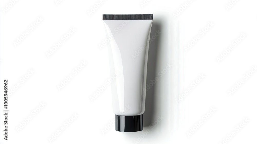 Minimalistic white tube of cream with a black cap, placed on a clean background for beauty and skincare product concepts. Minimalistic white tube of cream with a black cap, placed on a clean background for beauty and skincare product concepts.