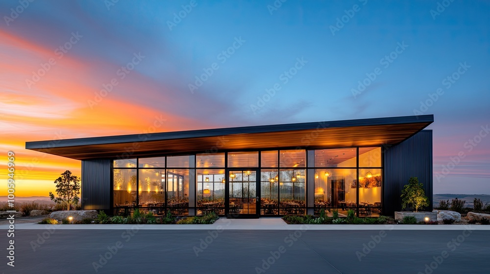 Modern architectural building with large glass windows and sunset backdrop. Striking design showcasing contemporary aesthetics. Modern architectural building with large glass windows and sunset backdrop. Striking design showcasing contemporary aesthetics.
