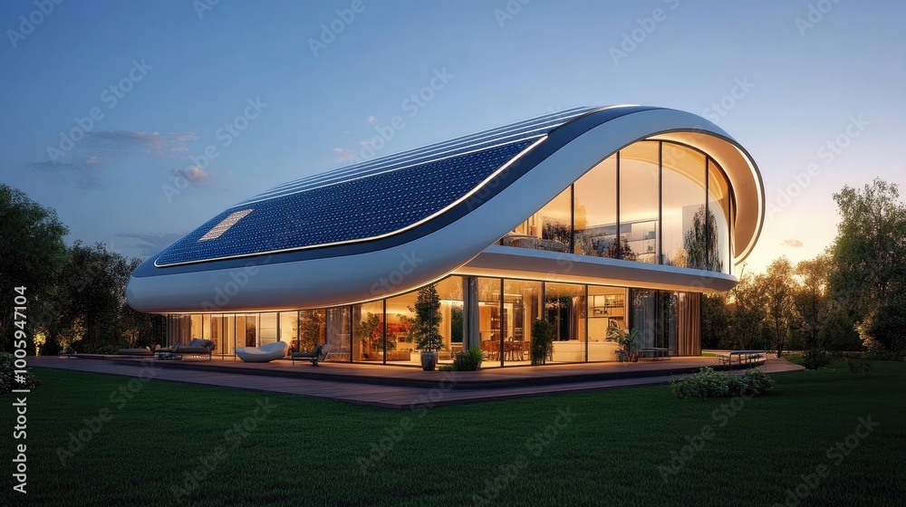 Fototapeta premium Modern architectural design featuring a unique curved house illuminated at dusk, showcasing innovative and stylish living space.
