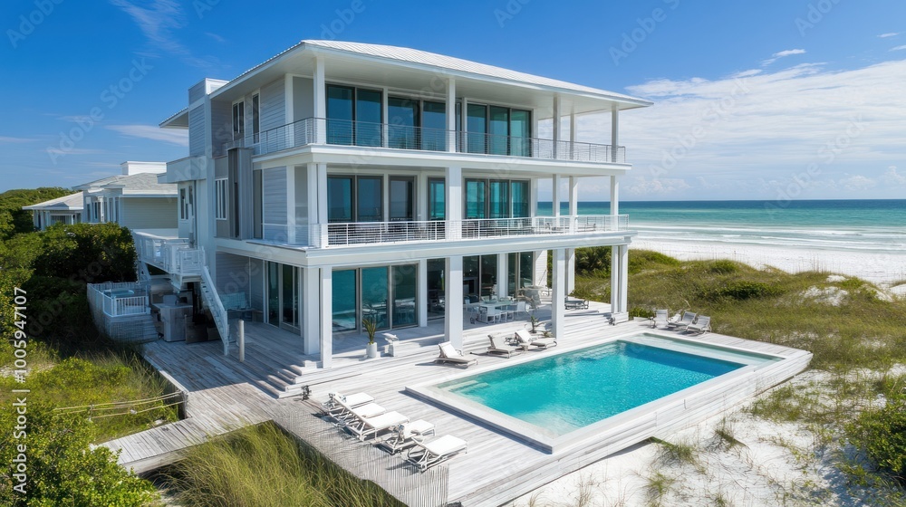 Fototapeta premium Modern beachfront house with pool, surrounded by sand and ocean.