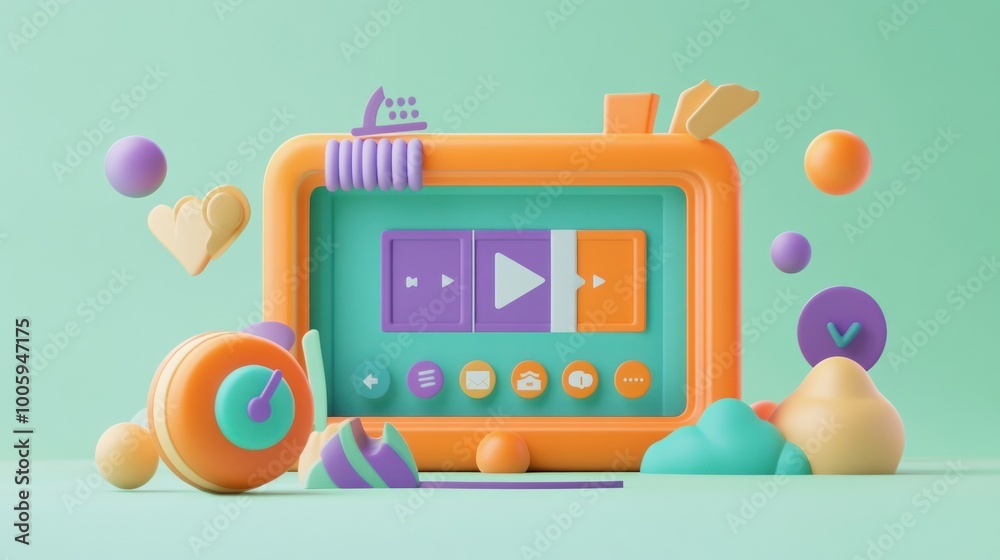 A colorful, playful media player interface surrounded by various geometric shapes.