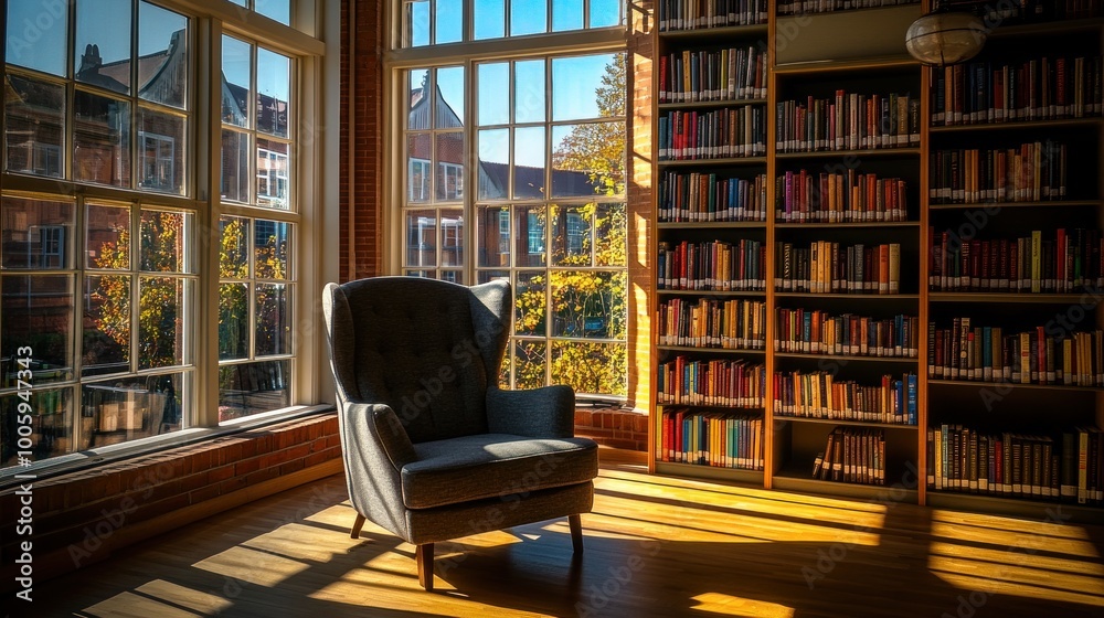 Cozy library corner with a chair and bookshelves, illuminated by warm sunlight. Cozy library corner with a chair and bookshelves, illuminated by warm sunlight.