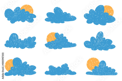 Clouds in hand drawn style with grunge effect. Pencil drawings of clouds. Abstract cartoon and fluffy cloud icons.