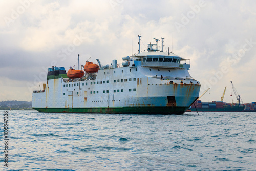 Large industrial ship sailing in the Indian ocean near Zanzibar, Tanzania