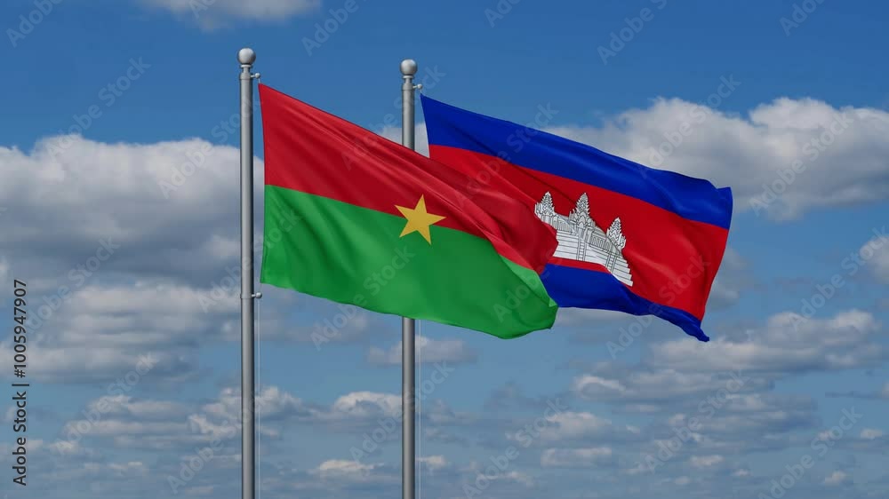 Cambodia and Burkina Faso flags flying together, video concept of the relationship, two country relations concept