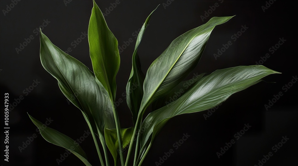Obraz premium Close-up of Lush Green Leaves on a Black Background