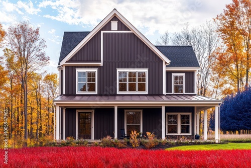 Sleek farmhouse exterior with vertical espresso brown paneling, ivory trim, against a backdrop of ruby red grass encircled by navy trees, offering a bold, elegant, and sophisticated setting