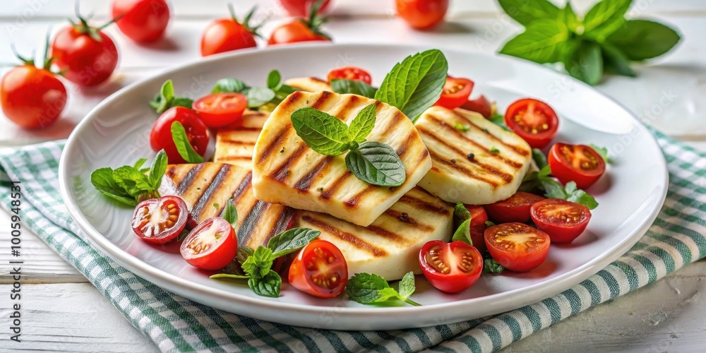 Grilled halloumi salad with cherry tomatoes and fresh mint on a white plate, grilled, halloumi, salad, cheese Grilled halloumi salad with cherry tomatoes and fresh mint on a white plate, grilled, halloumi, salad, cheese
