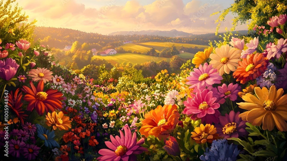 Obraz premium Vibrant flowering garden with a variety of blooming flowers colorful petals lush foliage and a charming rural landscape in the background captured in a digital art highly detailed