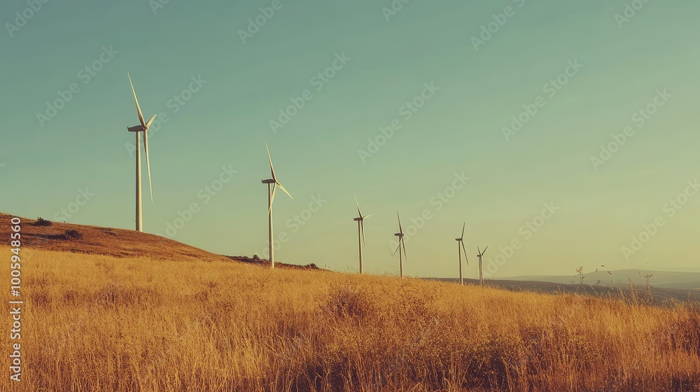 Obraz premium A clean energy wind farm with wind turbines turning against the backdrop of a clear sky, representing renewable energy.