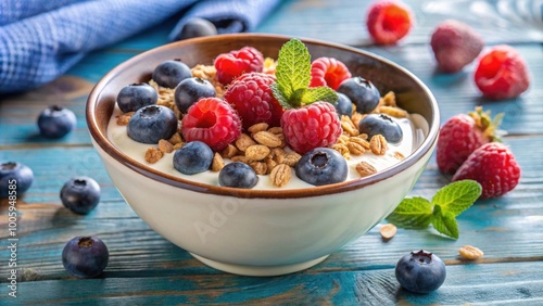 Bowl of nutritious yogurt with crunchy granola