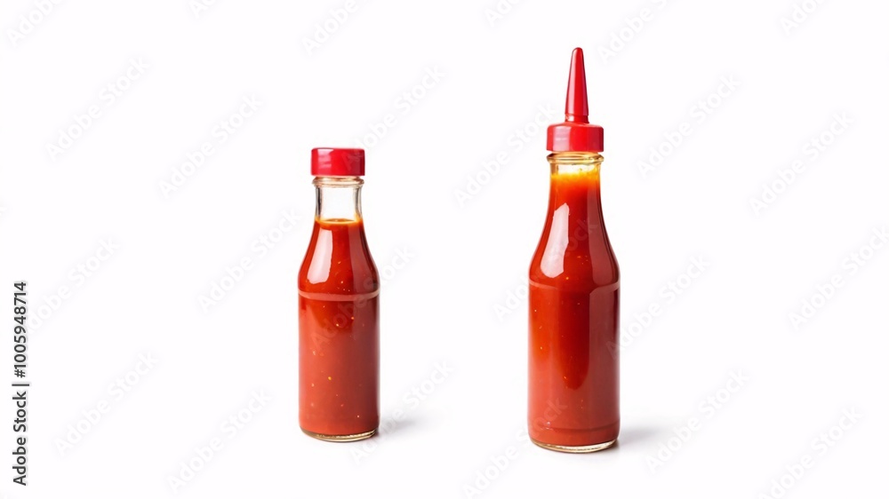 Two glass bottles of red sauce with red caps isolated on white background. Two glass bottles of red sauce with red caps isolated on white background.