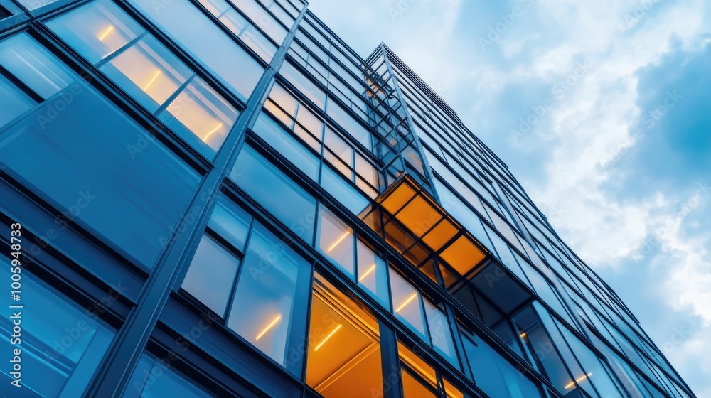Obraz premium Modern office building reflecting evening light under a cloudy sky, showcasing urban architecture and contemporary design elements.