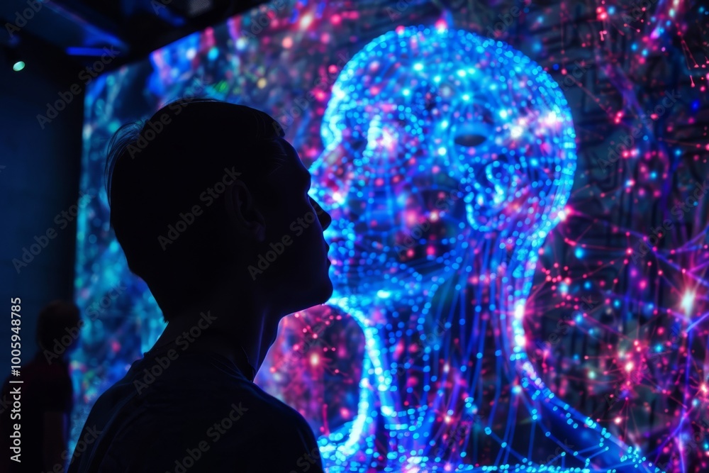 Exploring the intersection of technology and human perception in a vibrant digital art installation at an immersive exhibition. Generative AI