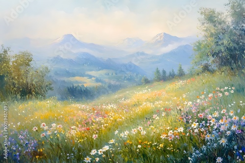 Serene hazy meadow landscape with distant misty mountain peaks gently sloping fields dotted with vibrant wildflowers diffused natural lighting creating a soft impressionistic brushwork feel