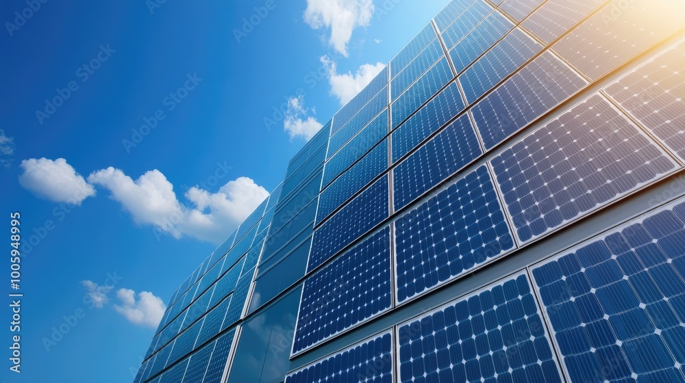 Obraz premium Modern solar panel system reflecting sunlight under blue sky with clouds, symbolizing renewable energy and sustainability.
