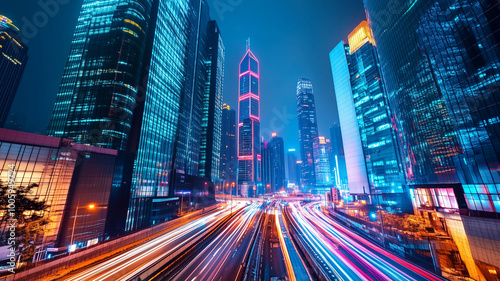 Nighttime view of a technologically advanced city with sleek, illuminated skyscrapers. Premium background for the latest technology needs.
