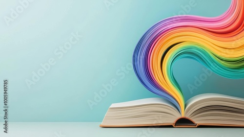 A swirling rainbow vortex emerging from an open book, symbolizing creativity and imagination unleashed