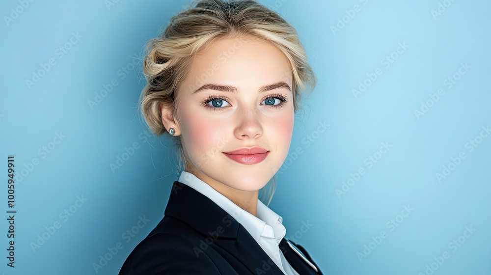 Portrait of a confident businesswoman in a professional setting, showcasing elegance and determination against a blue background. Portrait of a confident businesswoman in a professional setting, showcasing elegance and determination against a blue background.