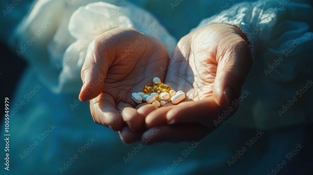 A pair of hands holding various pills and supplements, suggesting health and wellness. A pair of hands holding various pills and supplements, suggesting health and wellness.