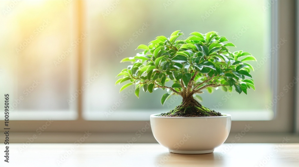 A small potted bonsai tree on a table with soft sunlight filtering through a window. A small potted bonsai tree on a table with soft sunlight filtering through a window.
