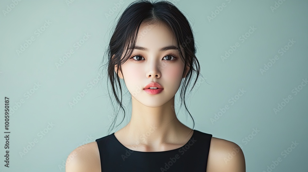 Portrait of a young woman with elegant makeup and timeless style, set against a soft green background, conveying beauty and sophistication. Portrait of a young woman with elegant makeup and timeless style, set against a soft green background, conveying beauty and sophistication.