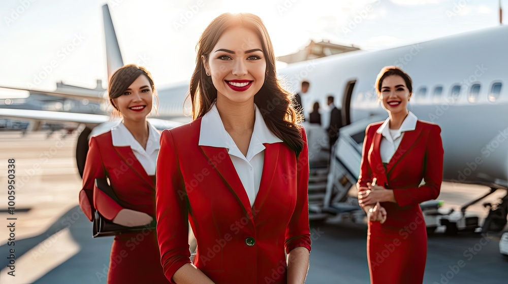 custom made wallpaper toronto digitalProfessional airline crew in red uniforms, smiling and ready for service at the airport near an airplane.