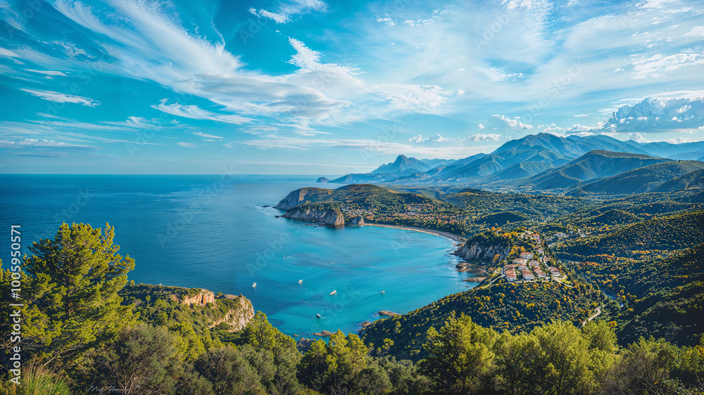 Fototapeta premium Coastal view of a serene bay surrounded by mountains under a clear blue sky