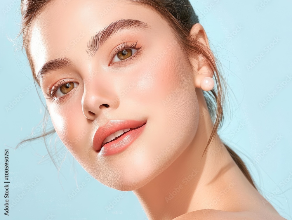 Radiant portrait of a young woman with natural makeup against a light blue background, showcasing beauty and confidence.