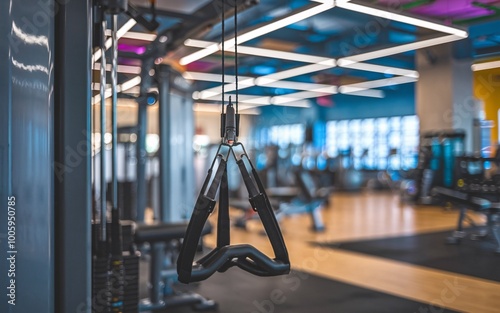 Close-up of a cable machine handle in a modern gym with blurred background. photo