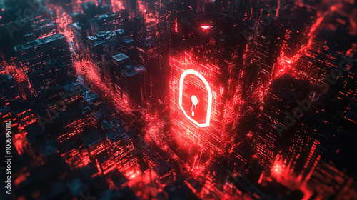 A glowing red digital padlock icon surrounded by a dark red and black background. Created with Ai