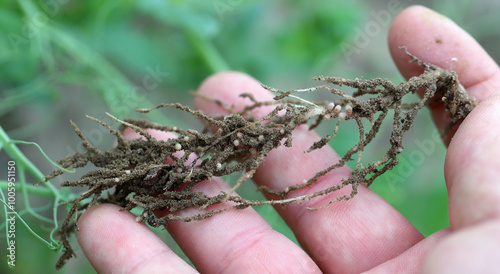 Root nodules for nitrogen fixation formed by Rhizobium bacteria on the roots of pea plants in the crop field.