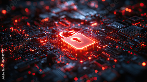 A glowing red lock icon on top of an intricate circuit board, symbolizing the high-tech nature and security associated with cyber attack panels. Created with Ai