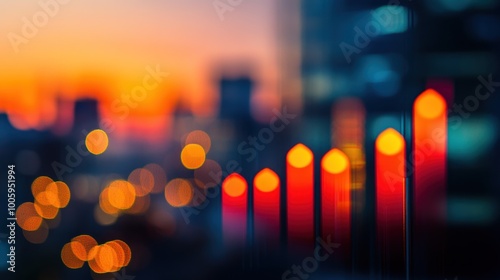 A blurred cityscape at sunset with glowing bar graphs representing data trends.