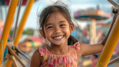 Smiling Cambodian Girl Enjoying the View from Ferris Wheel with Joyful Expression