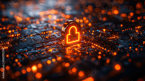  A glowing lock icon on the surface of an illuminated digital circuit board, symbolizing security and cyber protection in a technology network. Created with AI