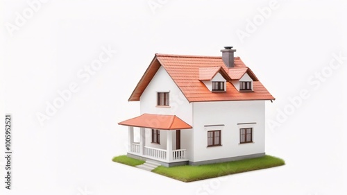 White house with red roof and green grass isolated on white background.