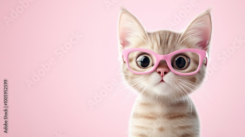 Charming Kitten Wearing Pink Glasses in Studio Portrait