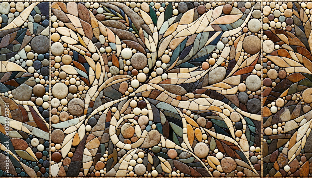 tapestry art piece featuring earth tones and natural shapes, dominated by harmonious blend of leaves, branches, and stones. Abstract mosaic tile, featuring a variety of shapes and colors