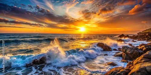 Sunset over the ocean with waves crashing on a rocky shore, sunset, ocean, waves, rocky shore, coast, dusk, tranquility