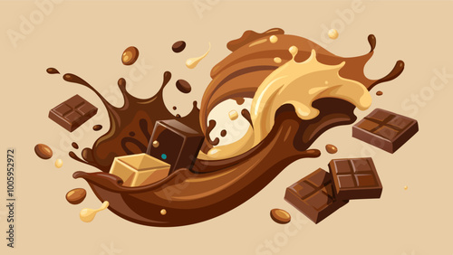 splashes and drops of melted dark chocolate, hot coffee and milk flow mixed