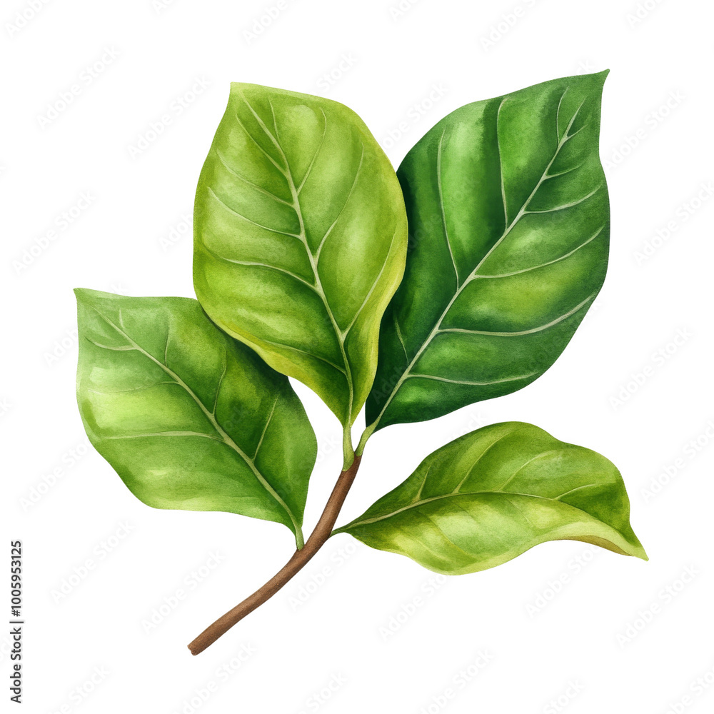 Obraz premium Realistic green leaves on a branch, transparent background.