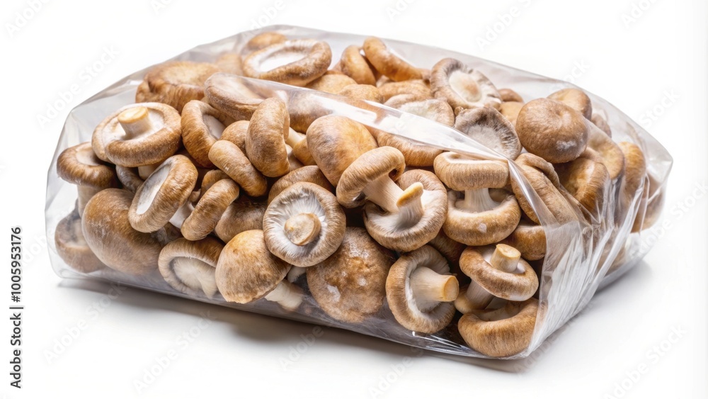 Frozen mushrooms in a clear plastic bag on a white background, frozen, mushrooms, vegetables, food, raw, freezer Frozen mushrooms in a clear plastic bag on a white background, frozen, mushrooms, vegetables, food, raw, freezer