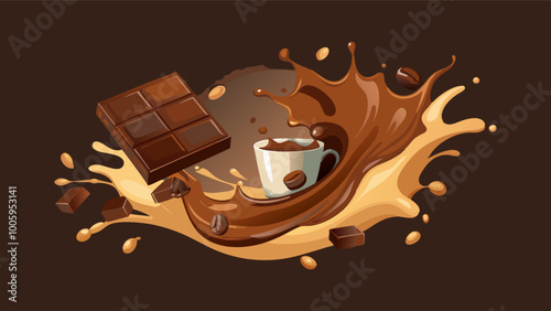 splashes and drops of melted dark chocolate, hot coffee and milk flow mixed