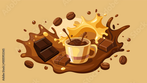 splashes and drops of melted dark chocolate, hot coffee and milk flow mixed