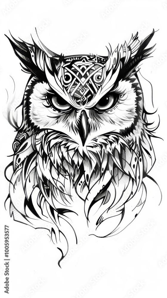 Fototapeta premium Owl head with tribal designs in a drawing book style.