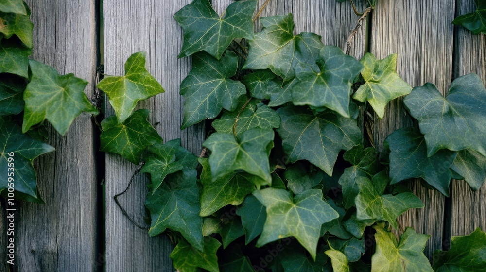 Green ivy leaves climbing a wooden fence, showcasing nature's beauty and resilience. Green ivy leaves climbing a wooden fence, showcasing nature's beauty and resilience.